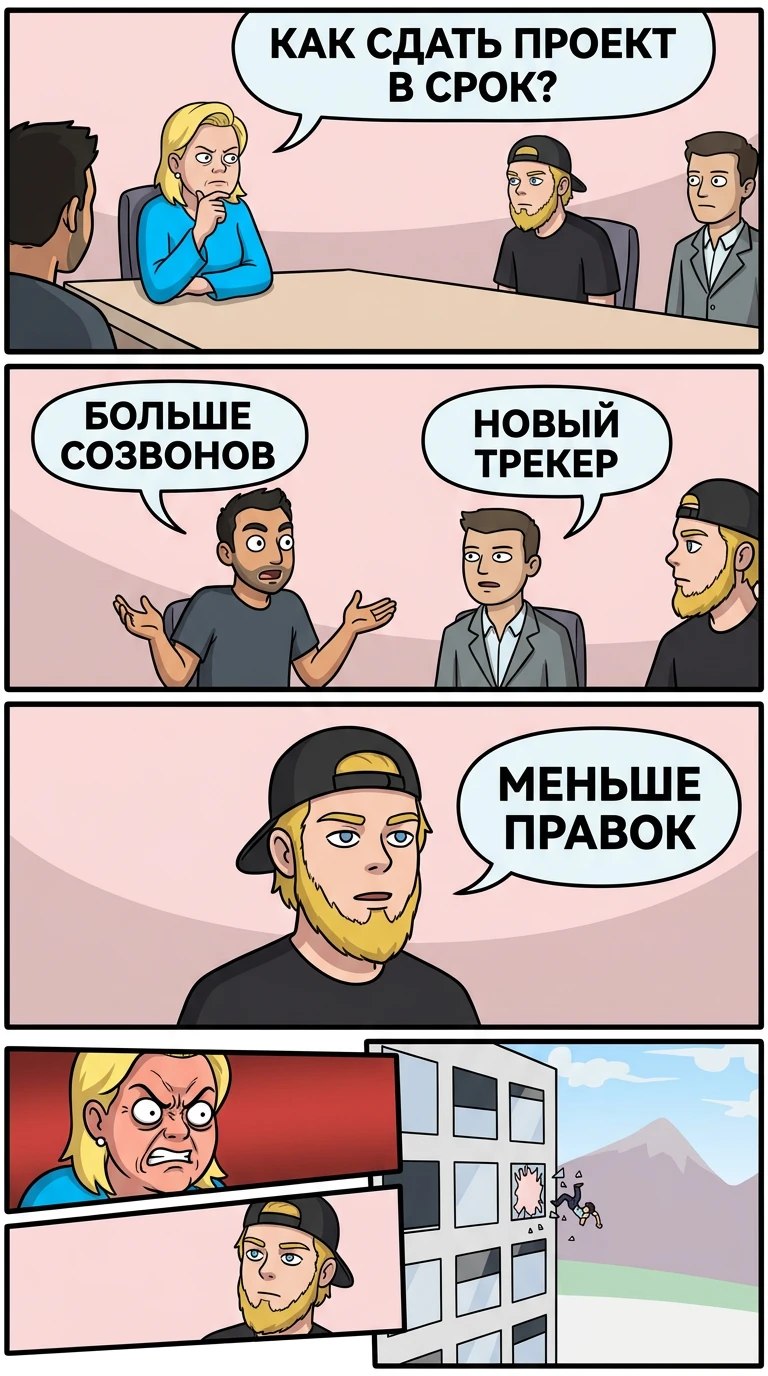 Мем-комикс: «Как сдать проект в срок? – Меньше правок»